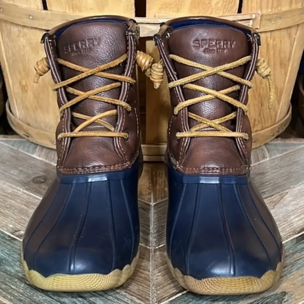 Sperry Saltwater Navy Brown Leather Rubber Waterproof Duck Boots Girls Size 5